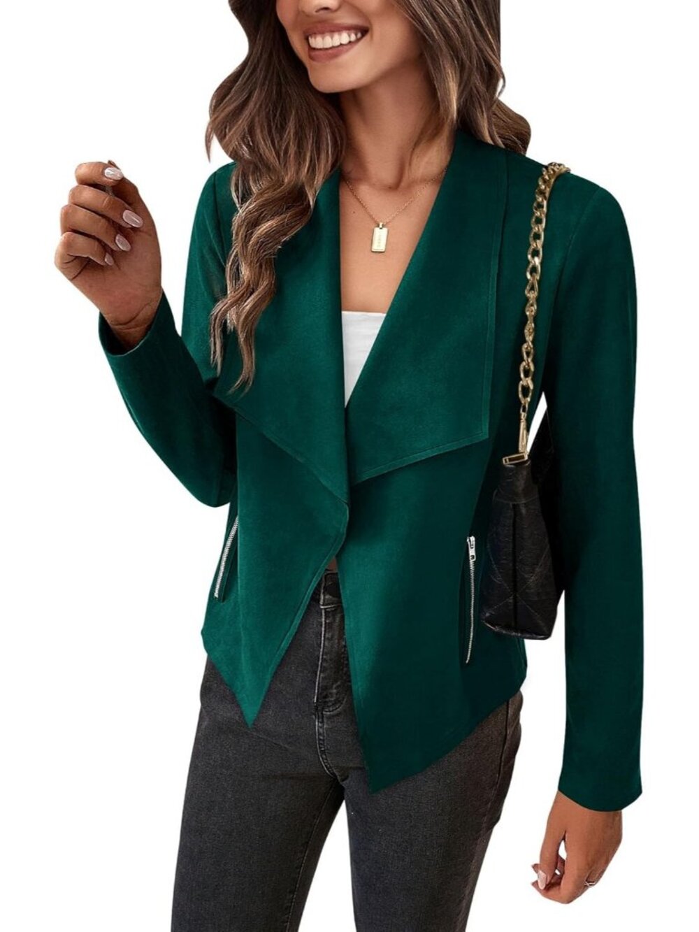 Women's Green Faux Suede Open Front Waterfall Collar Long Sleeve Draped Jacket